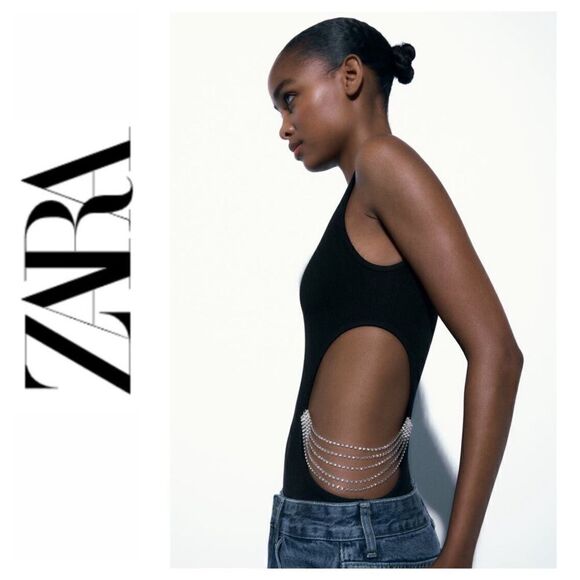 NWT Zara Black Ribbed Limitless Contour Collection Cutout Jewel Bodysuit, XS-S - Picture 1 of 13